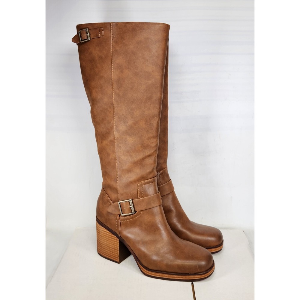 Korks Karalyn Tall Boots Women Size 11 Brown Faux Leather Buckle Block Heel